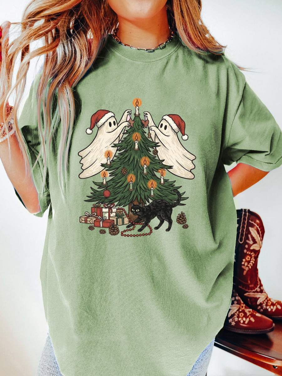 Vintage Christmas Tree Ghost Oversize Graphic Tee