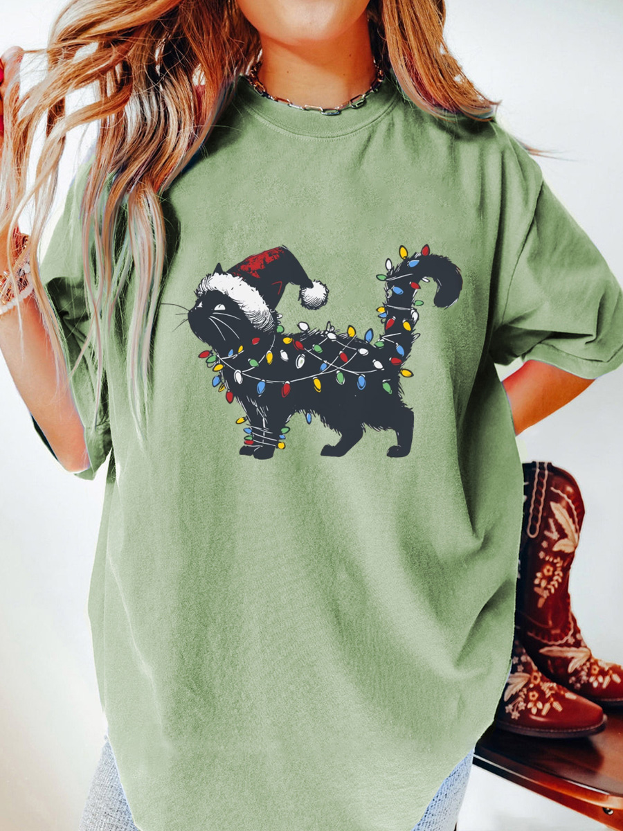 Vintage Cute Cat Christmas Oversize Graphic Tee