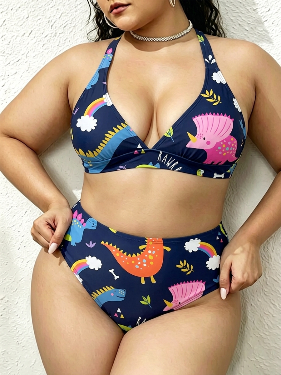 Vintage Playful Multicolor Dinosaur Two Piece Ruffled Tankini Swimsuit