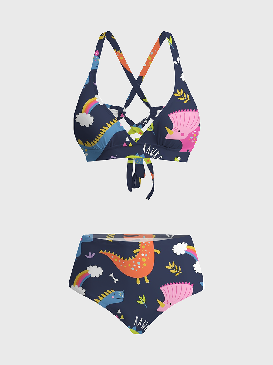 Vintage Playful Multicolor Dinosaur Two Piece Ruffled Tankini Swimsuit