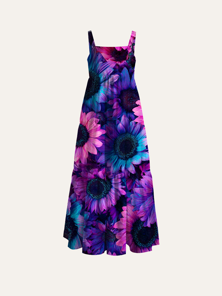 Neon Gradient Sunflower Print Adjustable Wide Straps Maxi Dress