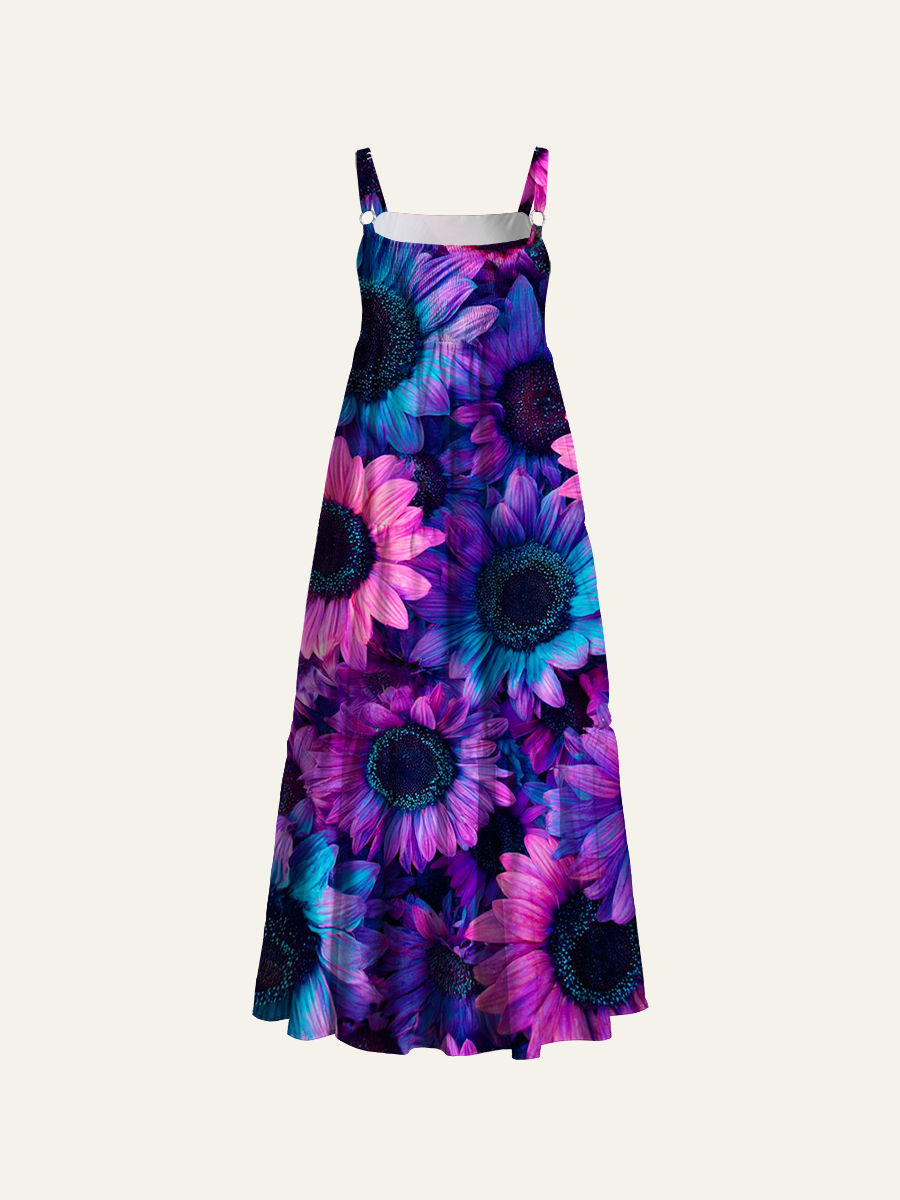 Neon Gradient Sunflower Print Adjustable Wide Straps Maxi Dress
