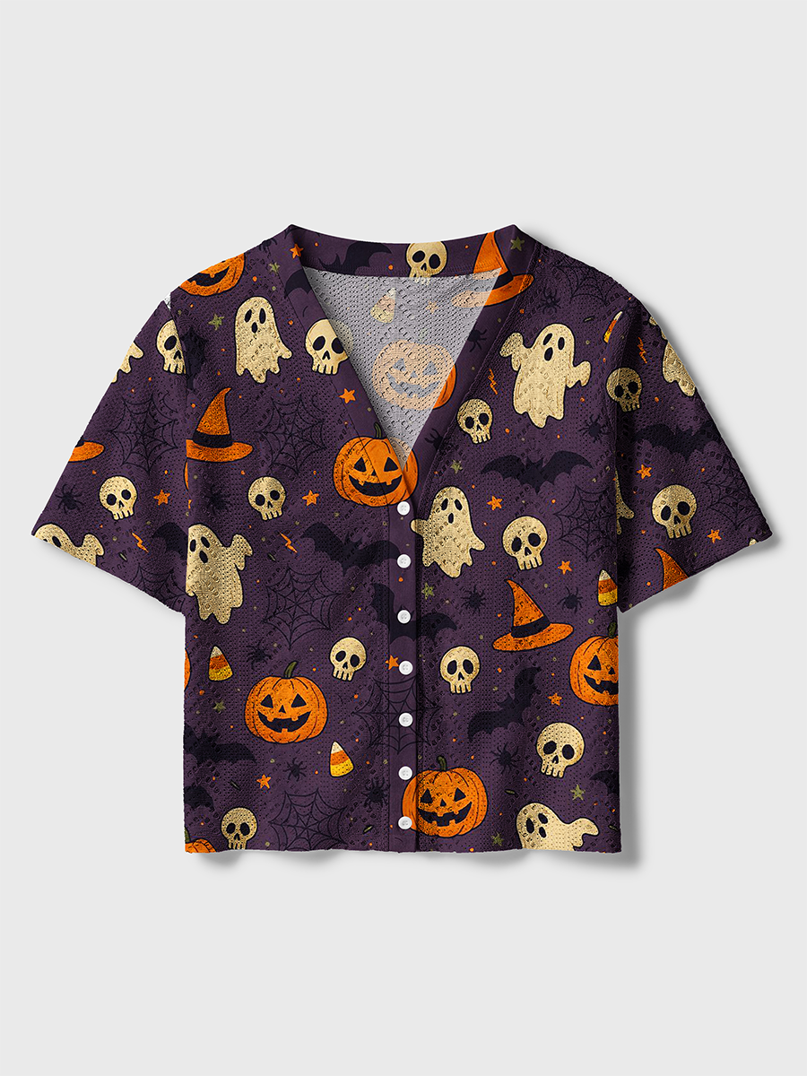 Cartoon Pumpkin Ghost Retro Halloween Crochet Button Down Cardigan
