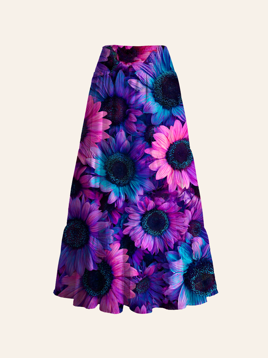 Neon Gradient Sunflower Print Convertible Maxi Skirts