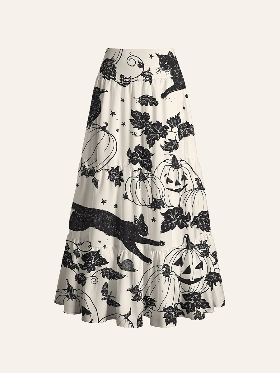 Black Cat Crow Pumpkin Cabinet Convertible Maxi Skirts