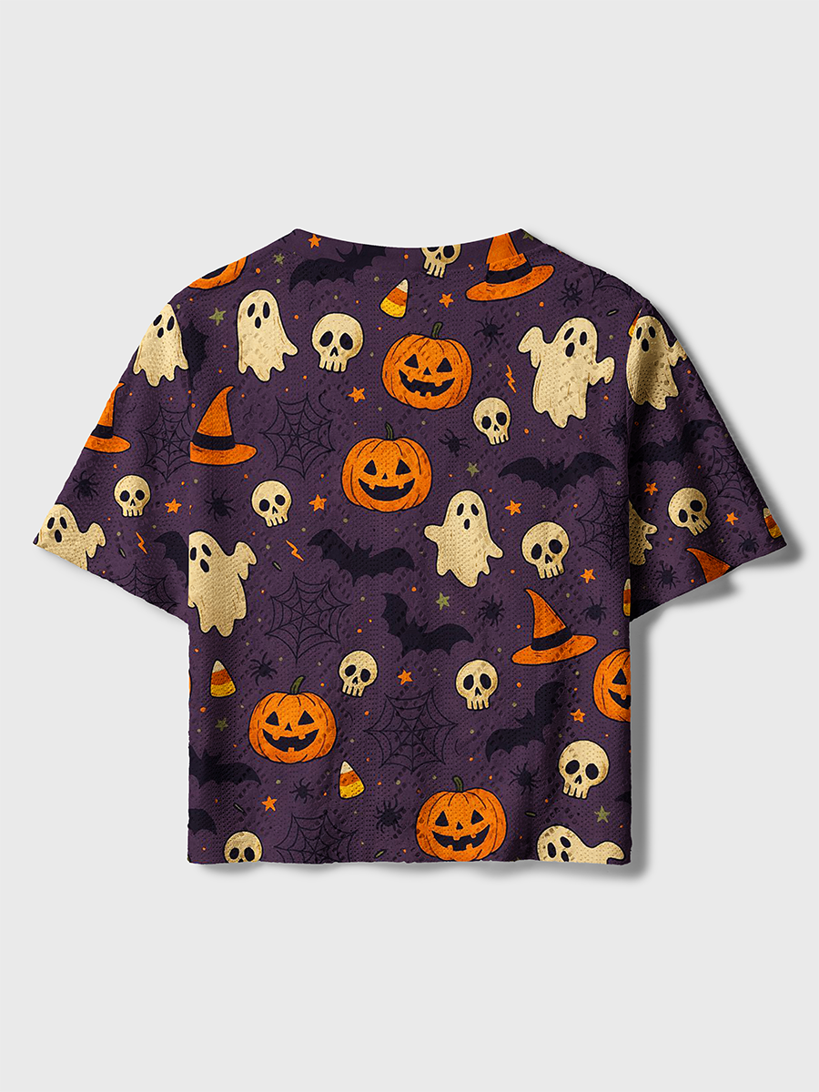 Cartoon Pumpkin Ghost Retro Halloween Crochet Button Down Cardigan