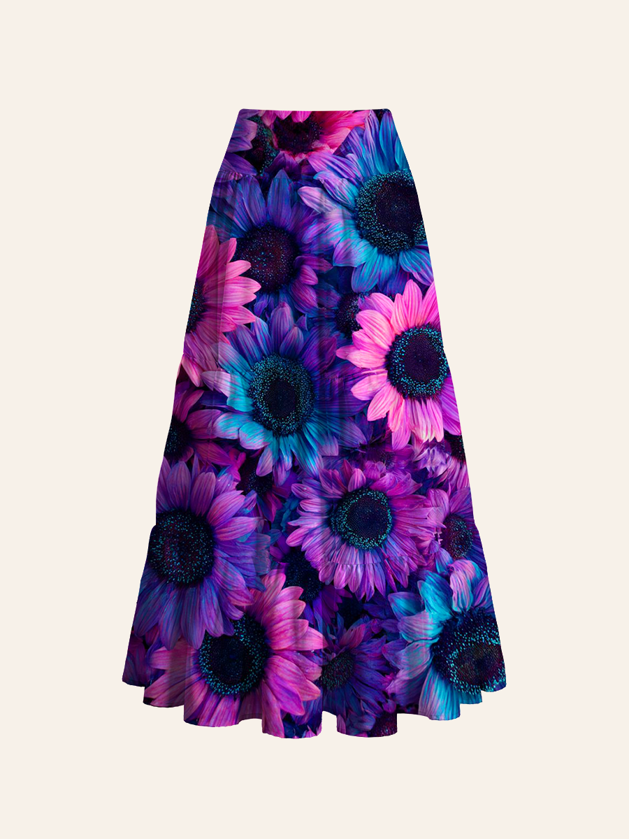 Neon Gradient Sunflower Print Convertible Maxi Skirts