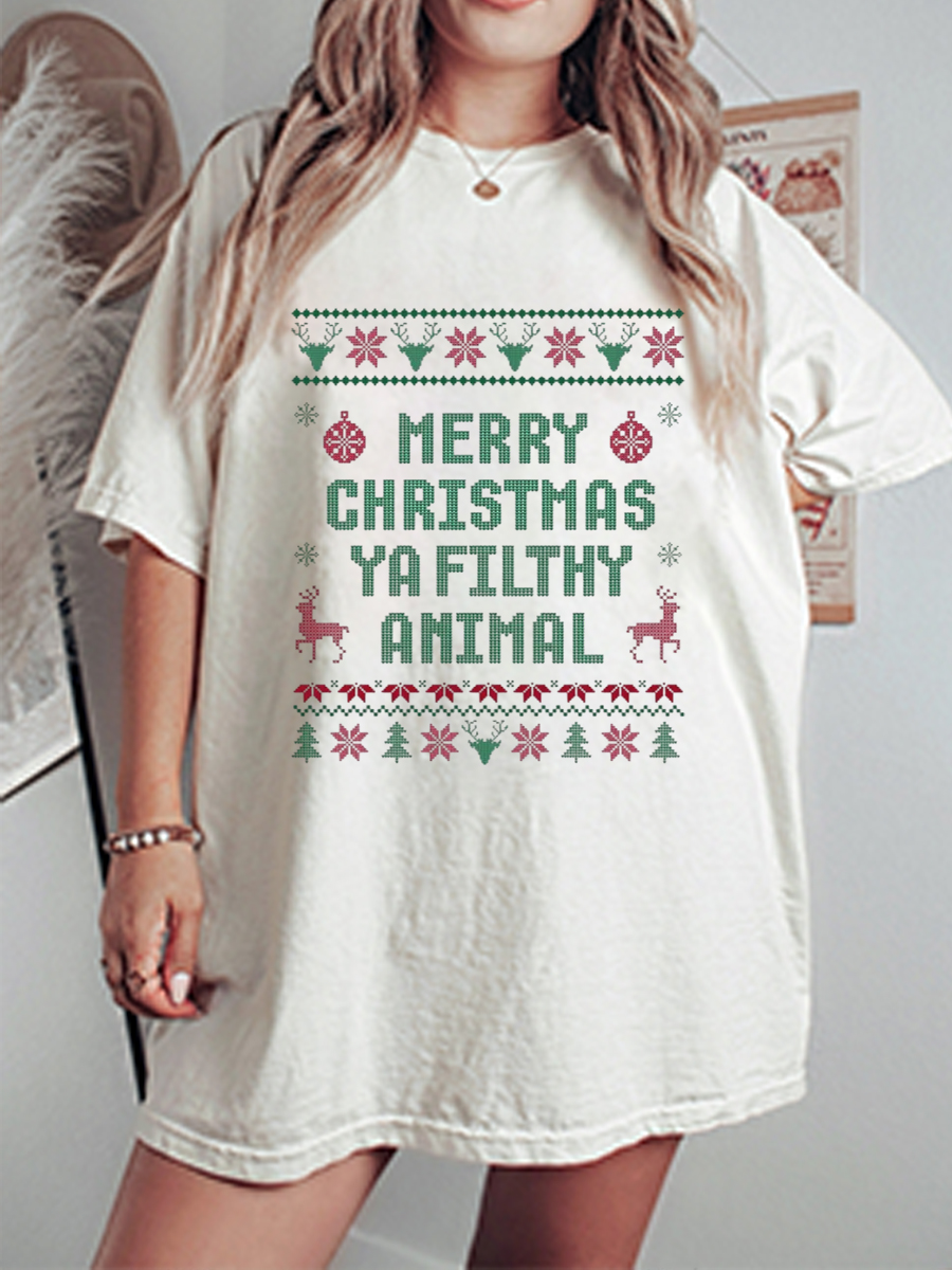 Vintage Merry Christmas Ya Filthy Animal Oversize Graphic Tee