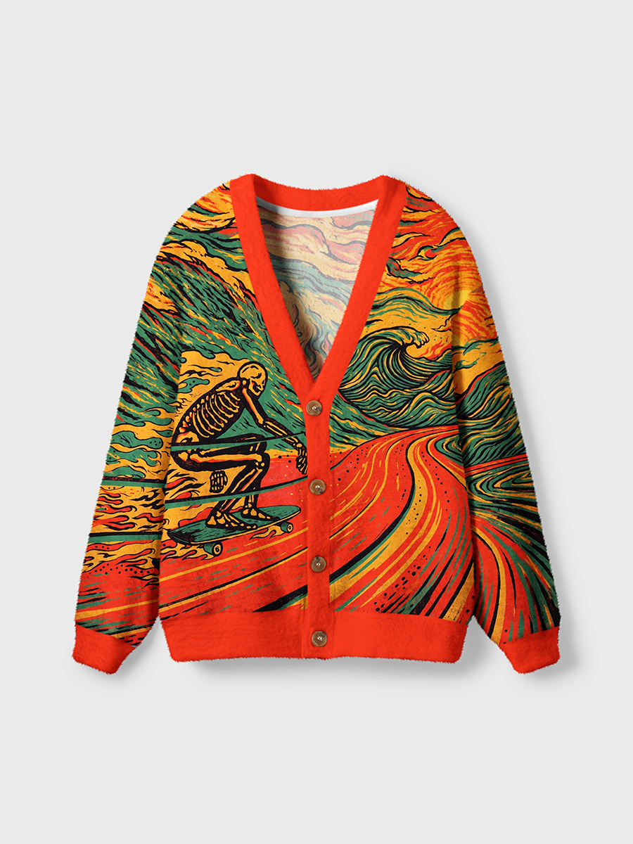 Vintage Skeleton Surfing Sunset Cardigan Sweaters