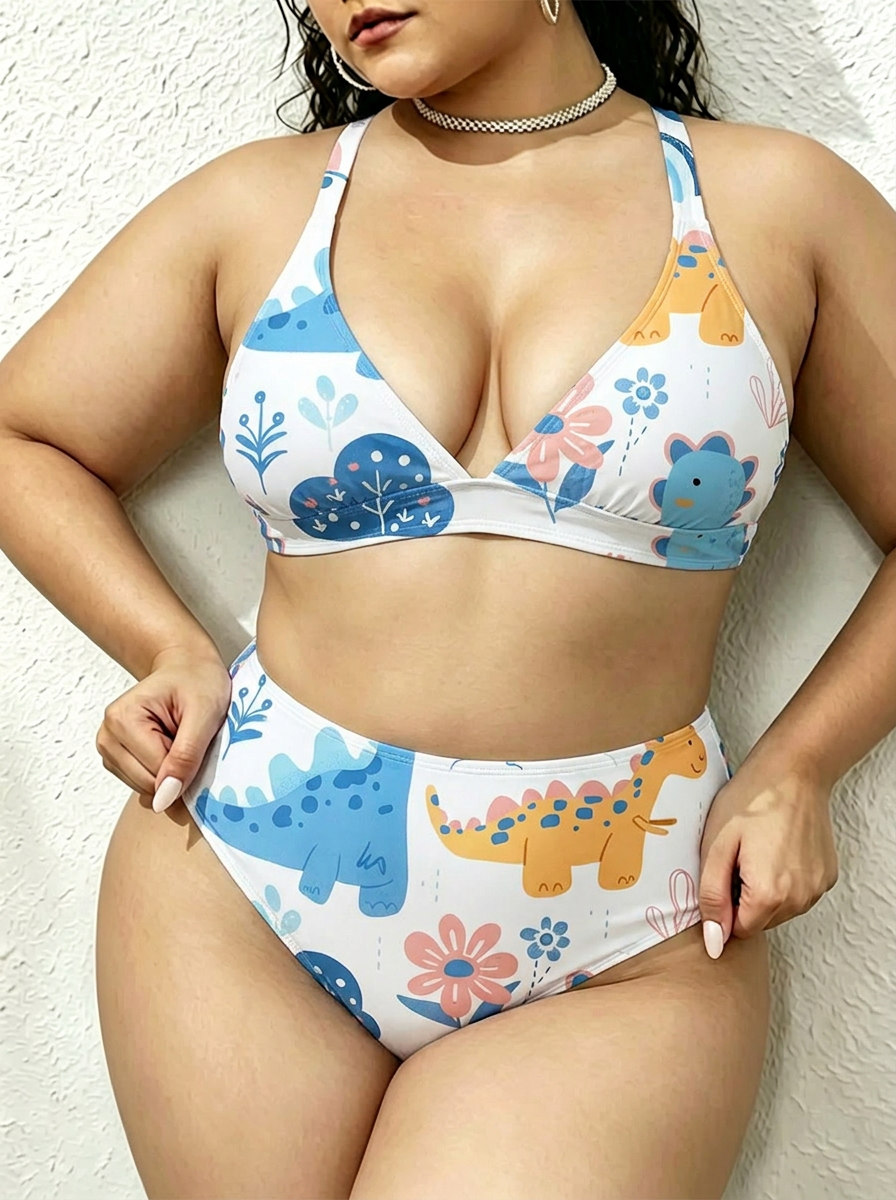 Vintage Cute Pastel Dinosaur Two Piece Ruffled Tankini Swimsuit
