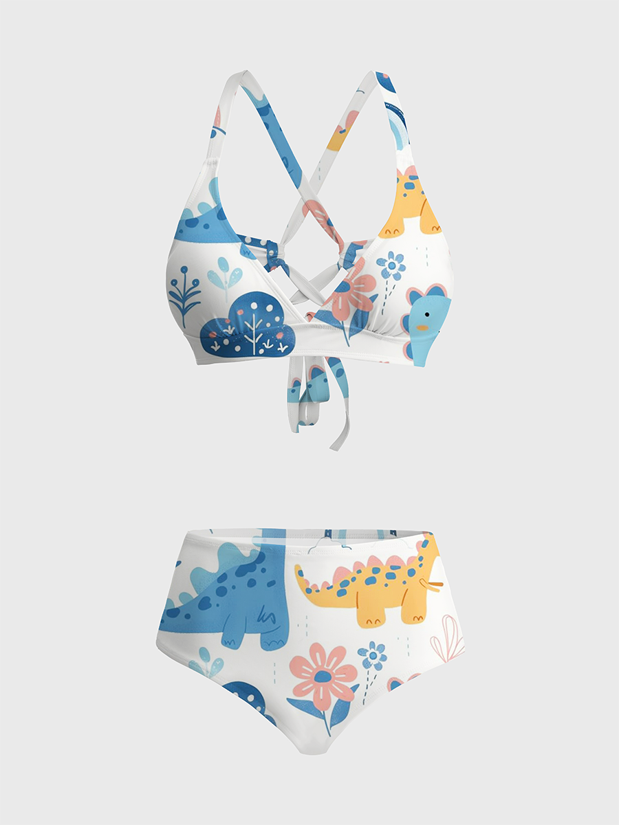 Vintage Cute Pastel Dinosaur Two Piece Ruffled Tankini Swimsuit