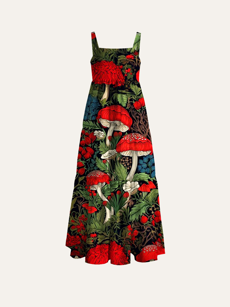 William Morris Style Amanita Muscaria Seamless Adjustable Wide Straps Maxi Dress