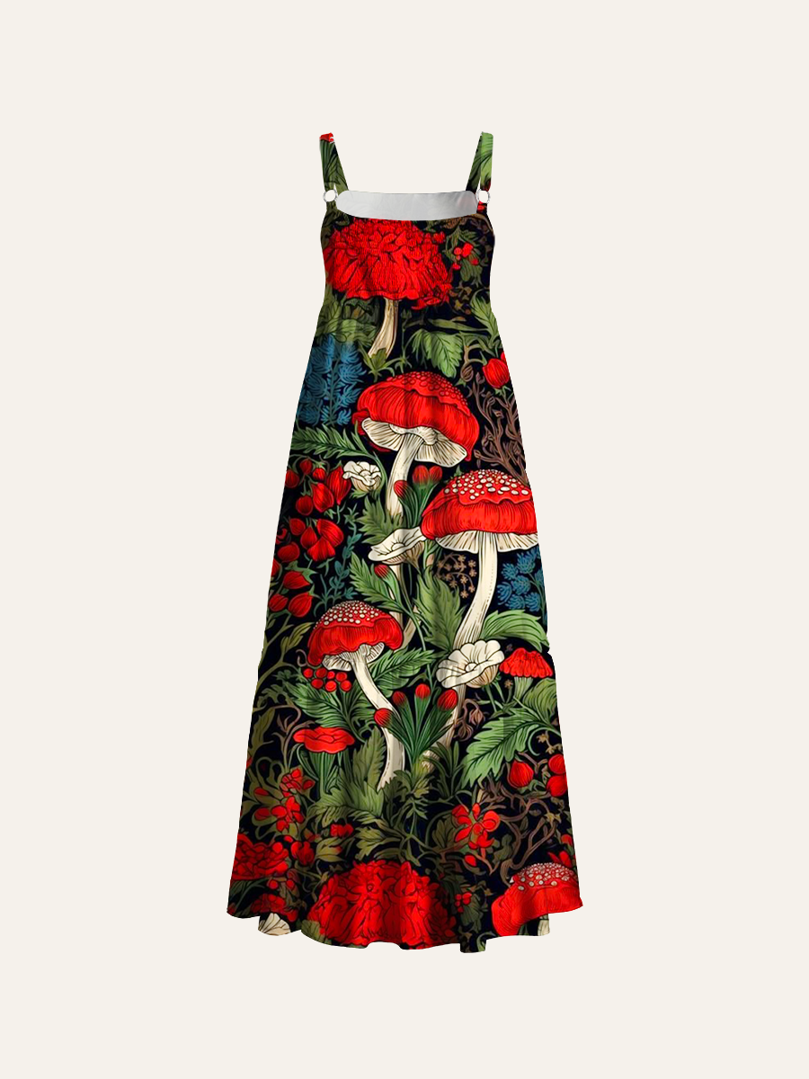 William Morris Style Amanita Muscaria Seamless Adjustable Wide Straps Maxi Dress