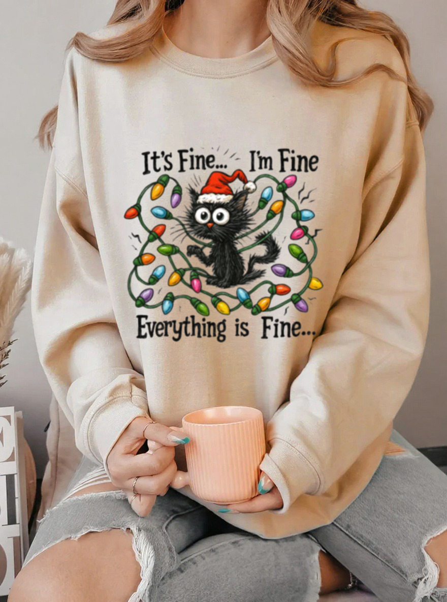 Vintage Christmas Cat Oversize Graphic Sweatshirt