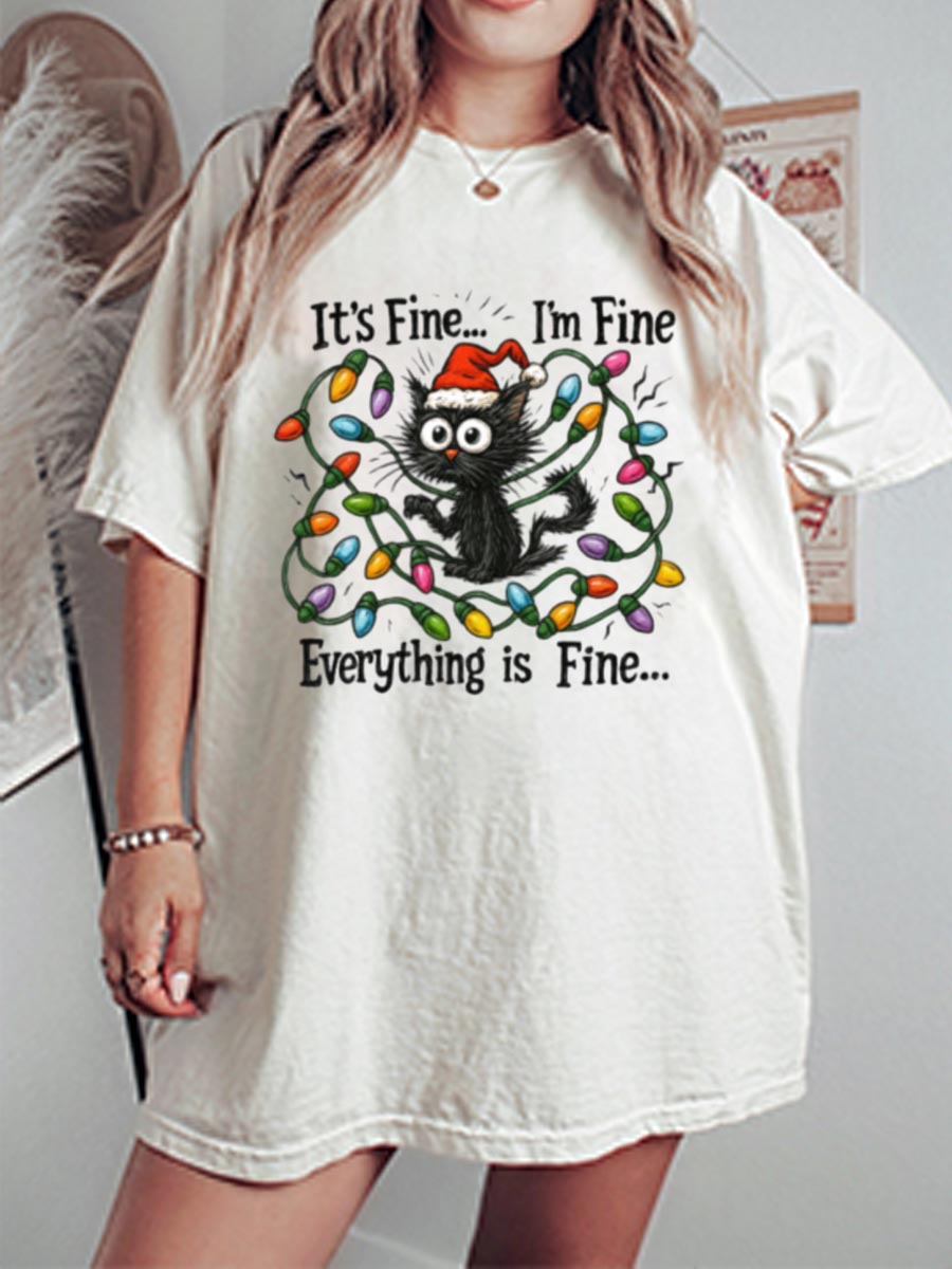 Vintage Christmas Cat Oversize Graphic Tee