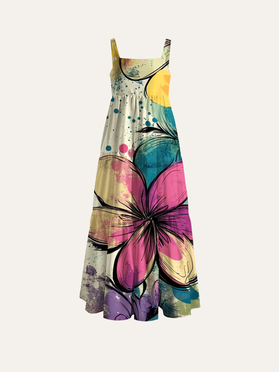 Grunge Floral Sketch Adjustable Wide Straps Maxi Dress