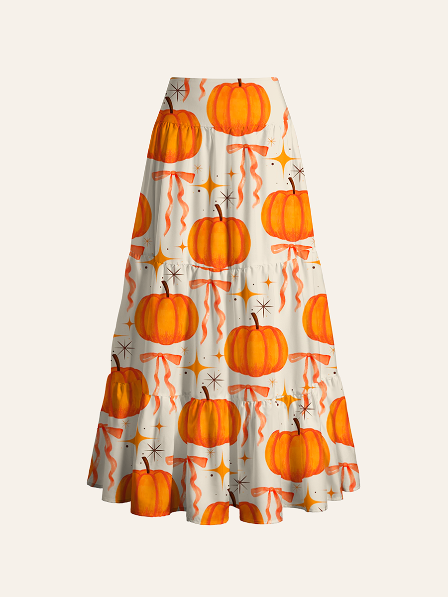 Watercolor Pumpkin Pink Bow Retro Star Cabinet Convertible Maxi Skirts