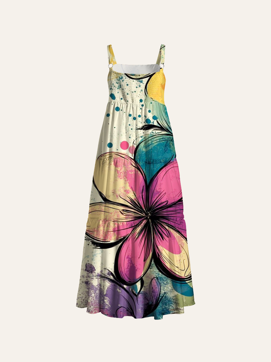 Grunge Floral Sketch Adjustable Wide Straps Maxi Dress