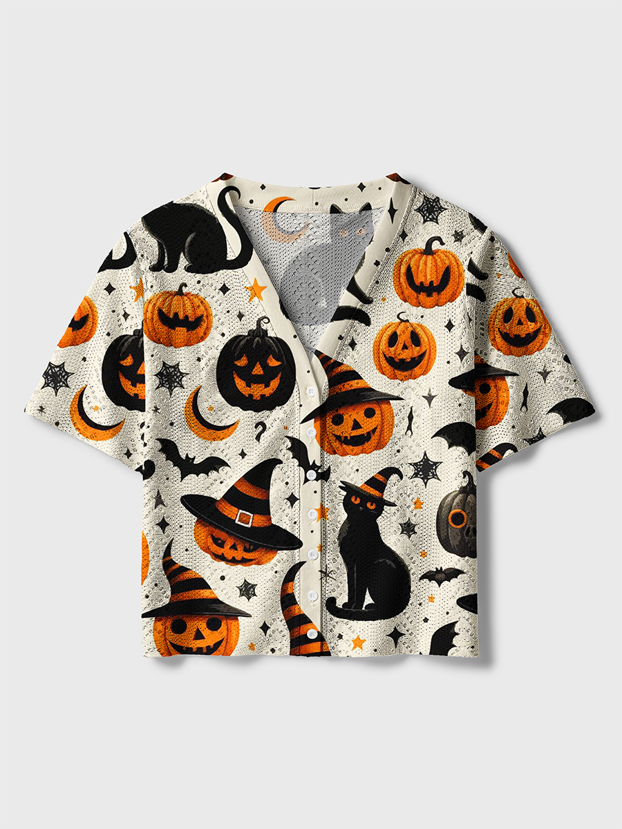 Retro Americana Black Cat Pumpkin Moon Halloween Crochet Button Down Cardigan
