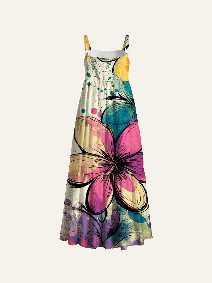Grunge Floral Sketch Adjustable Wide Straps Maxi Dress