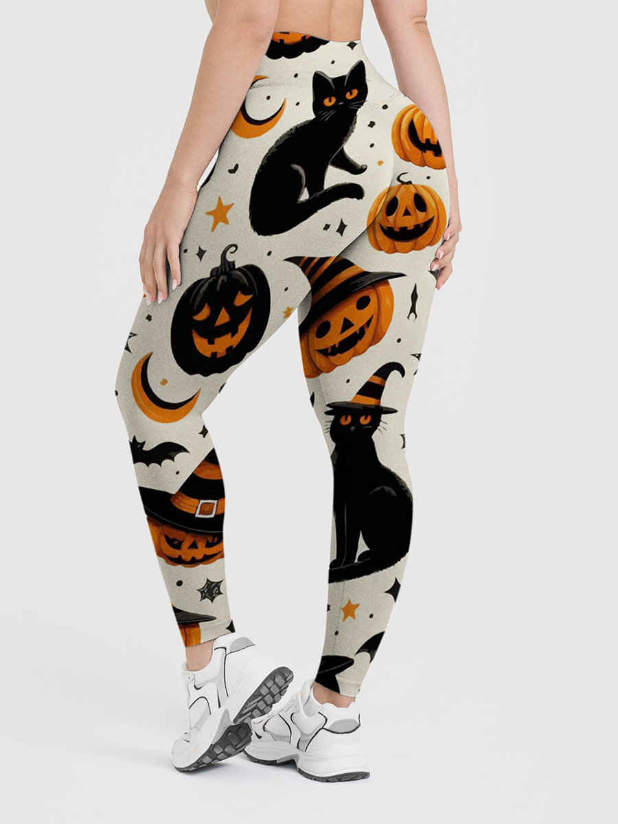 Vintage Retro Americana Black Cat Pumpkin Moon Halloween Leggings