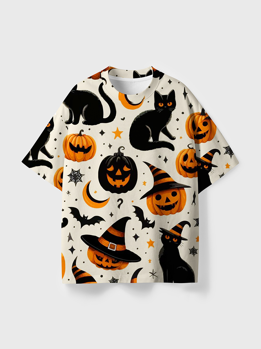 Vintage Retro Americana Black Cat Pumpkin Moon Halloween All Over Print T-Shirt