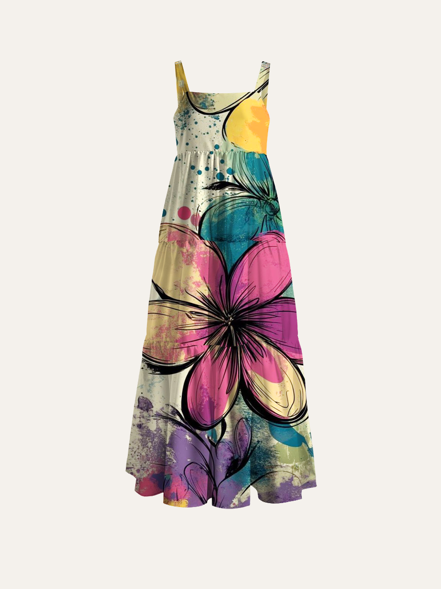 Grunge Floral Sketch Adjustable Wide Straps Maxi Dress