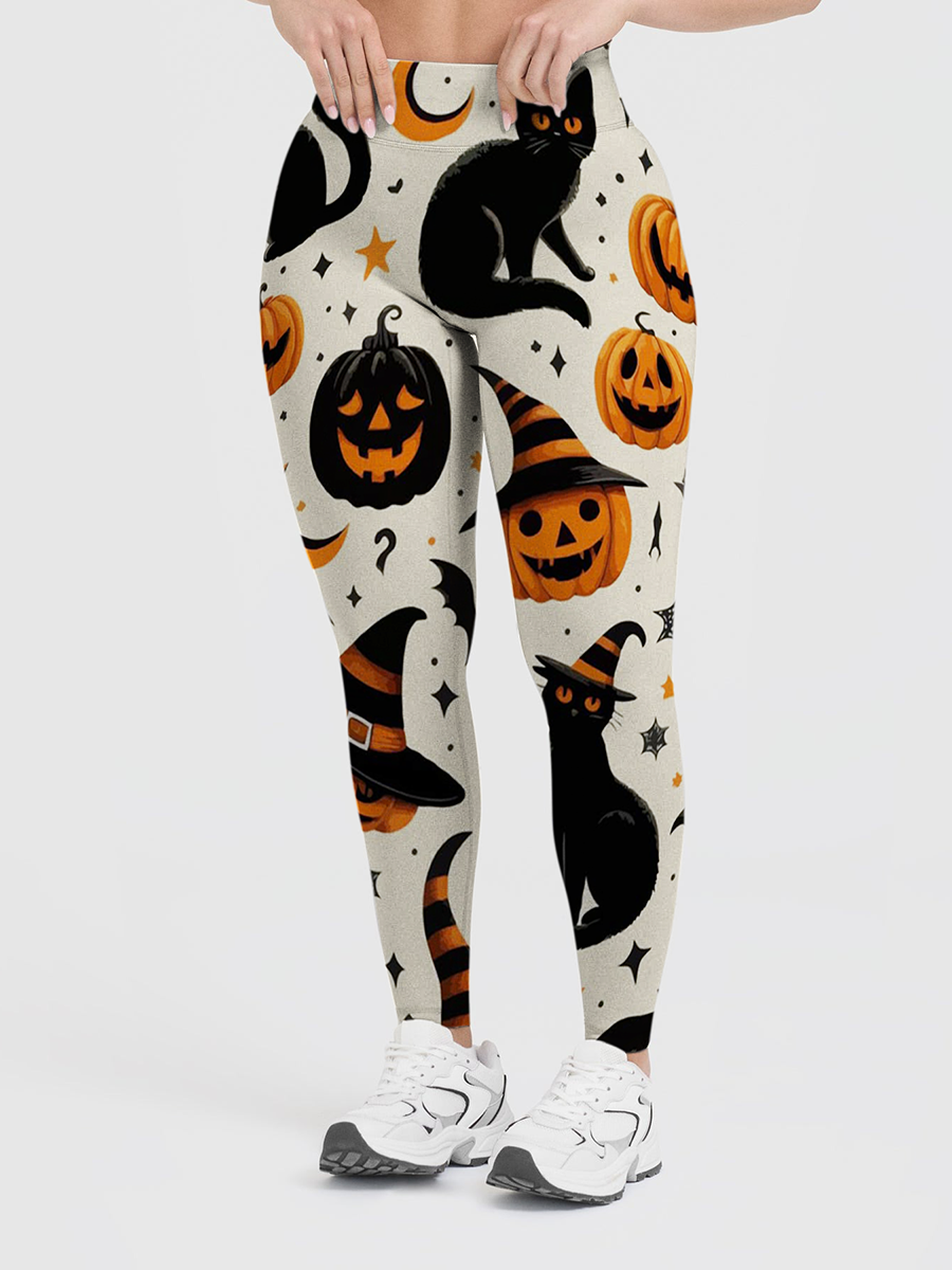 Vintage Retro Americana Black Cat Pumpkin Moon Halloween Leggings