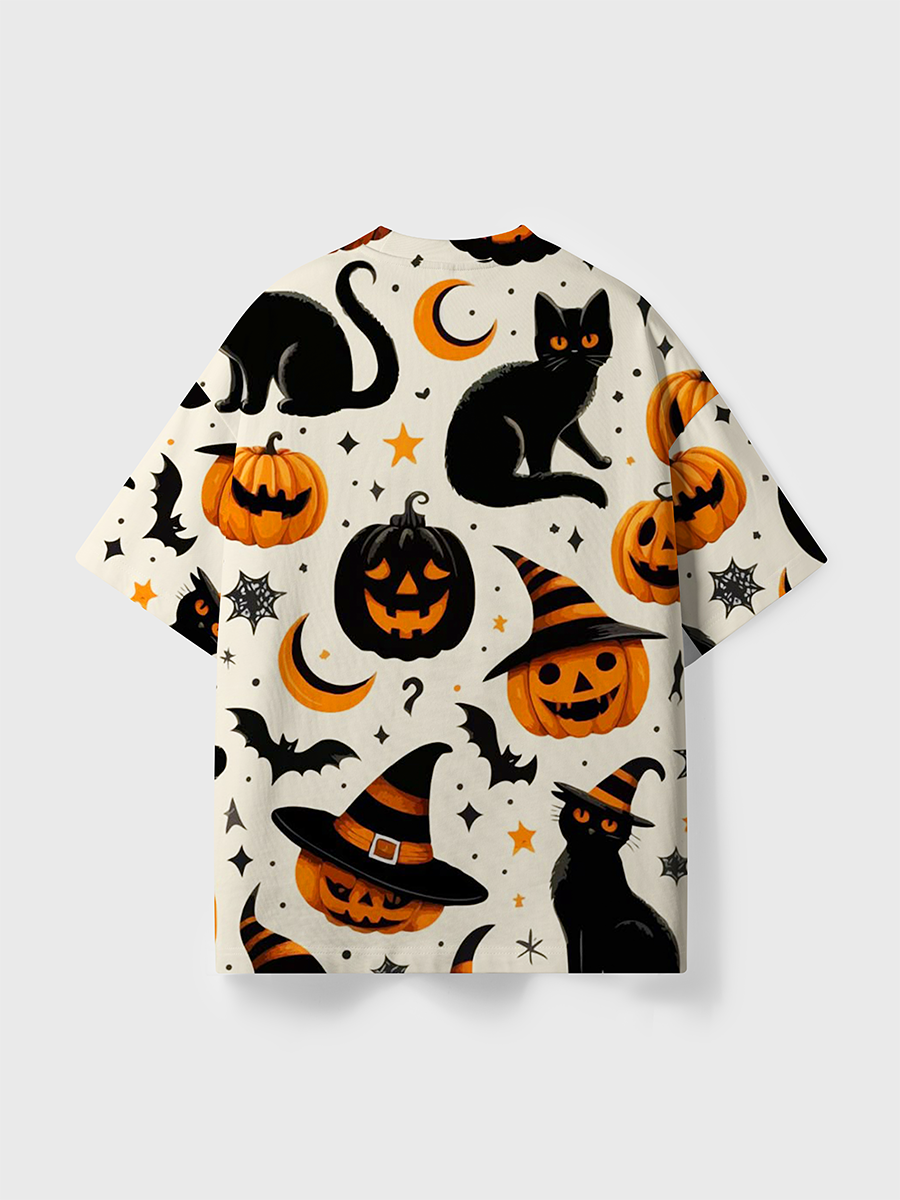 Vintage Retro Americana Black Cat Pumpkin Moon Halloween All Over Print T-Shirt