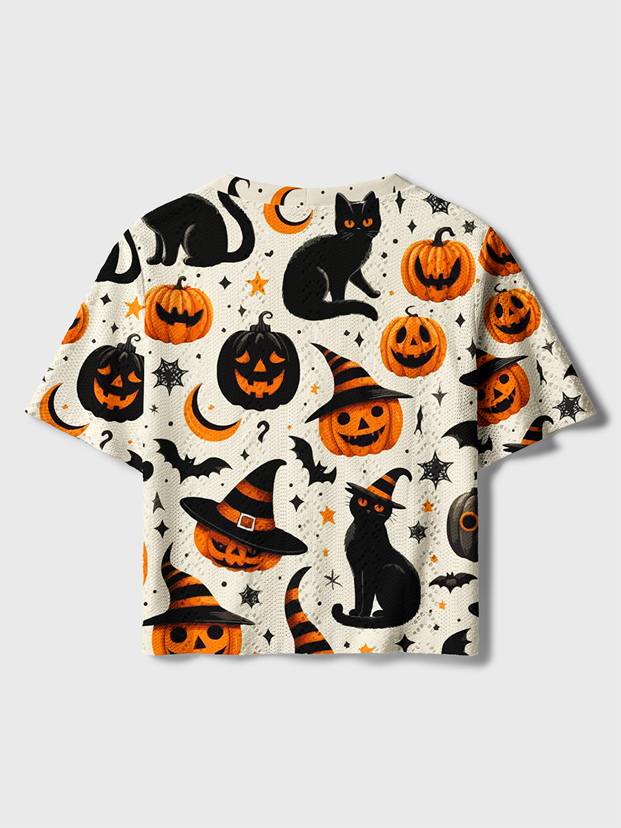 Retro Americana Black Cat Pumpkin Moon Halloween Crochet Button Down Cardigan
