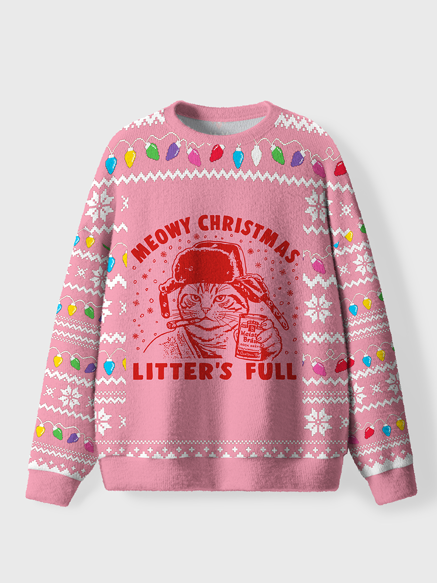Vintage Litters Full Meowy Christmas Oversize Graphic Tee Ugly Sweater