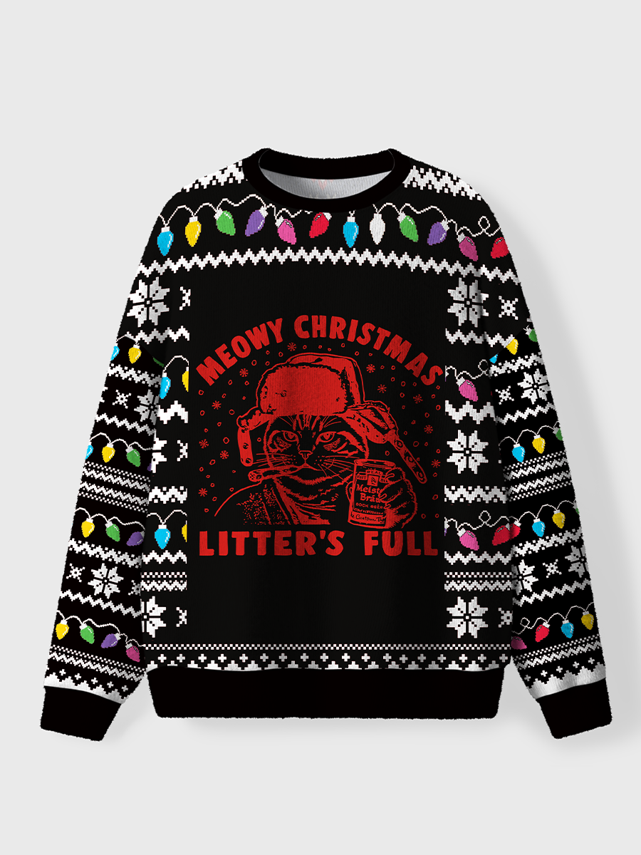 Vintage Litters Full Meowy Christmas Oversize Graphic Tee Ugly Sweater