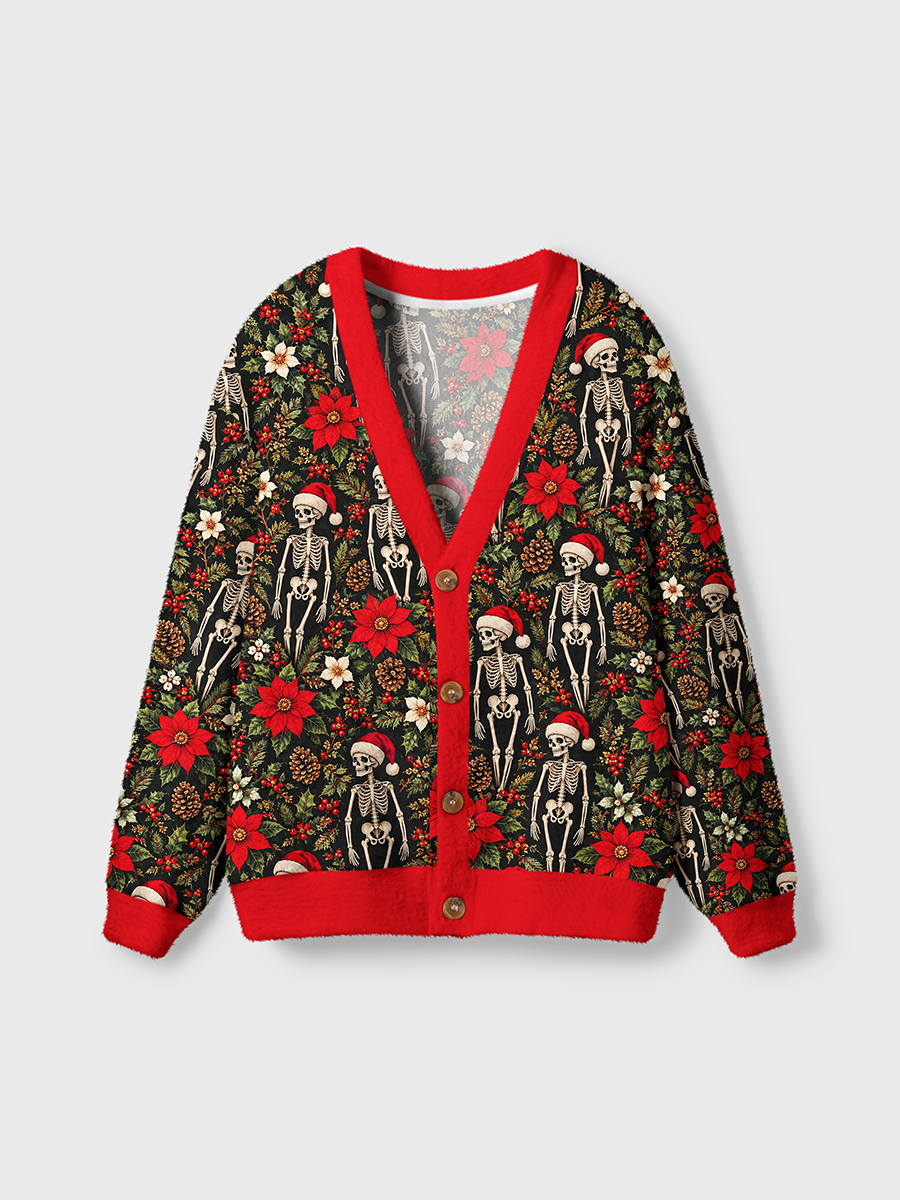 Vintage Christmas Skeleton Poinsettia Cardigan Sweaters