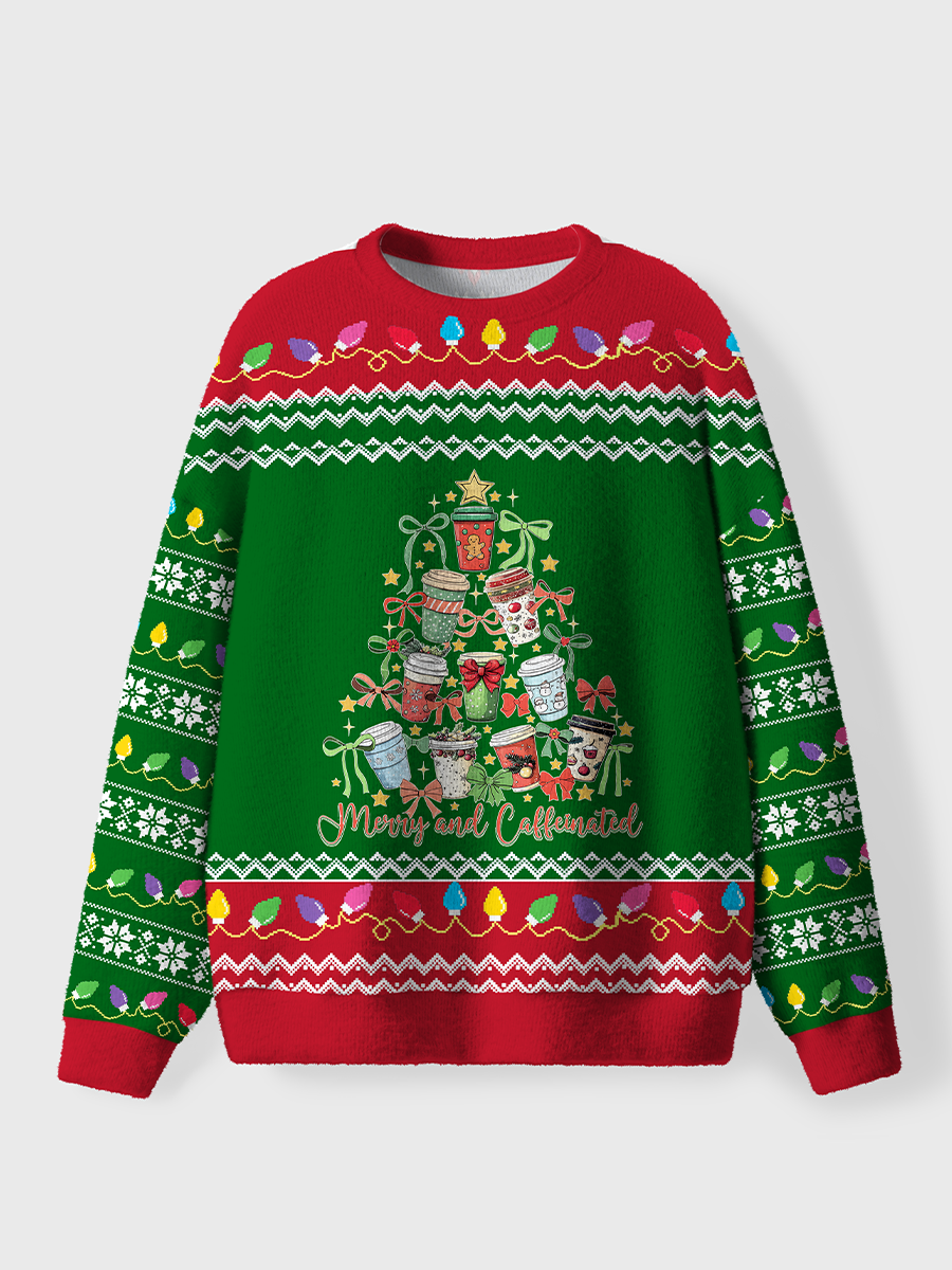 Vintage Merry And Caffeinated Christmas Tree Ugly Sweater