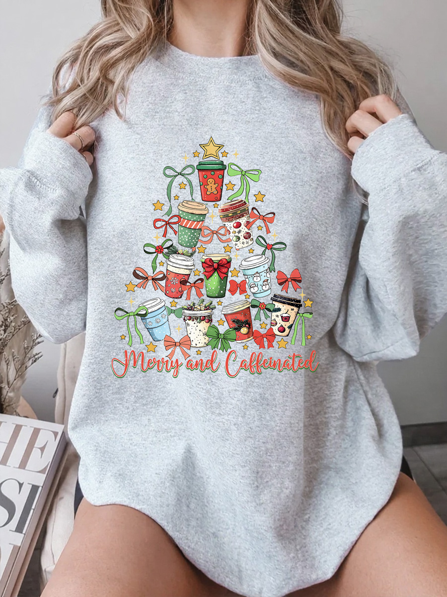 Vintage Merry And Caffeinated Christmas Tree Oversize Graphic Sweatshirt