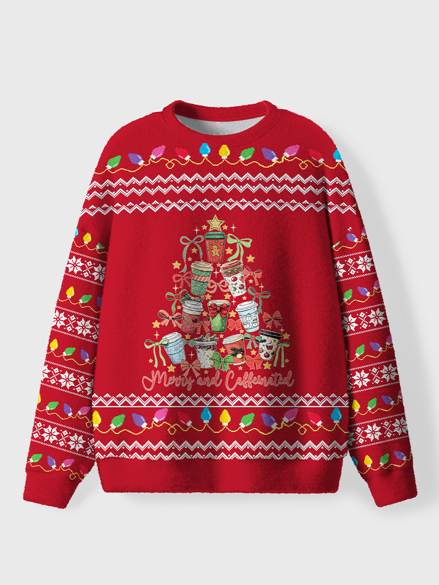 Vintage Merry And Caffeinated Christmas Tree Ugly Sweater