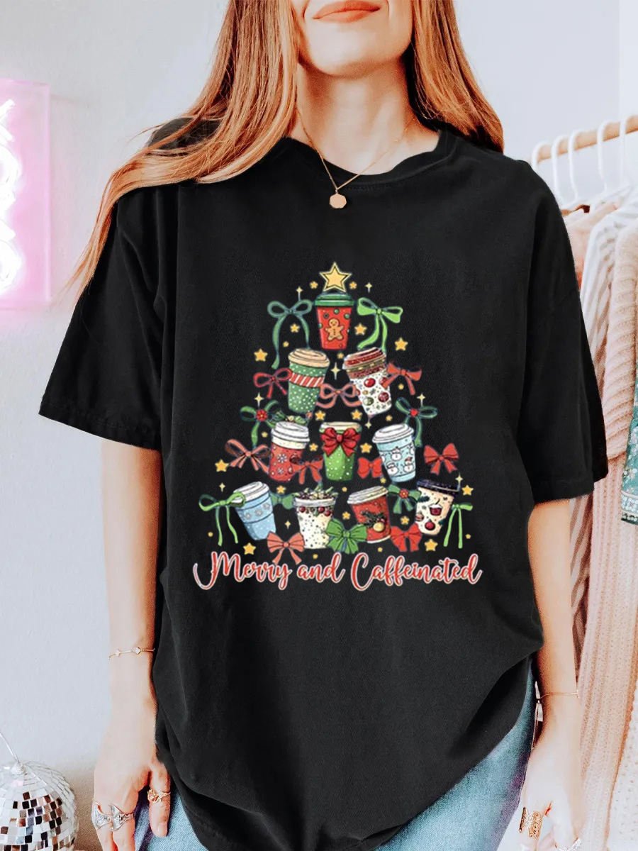 Vintage Merry And Caffeinated Christmas Tree Oversize Graphic Tee