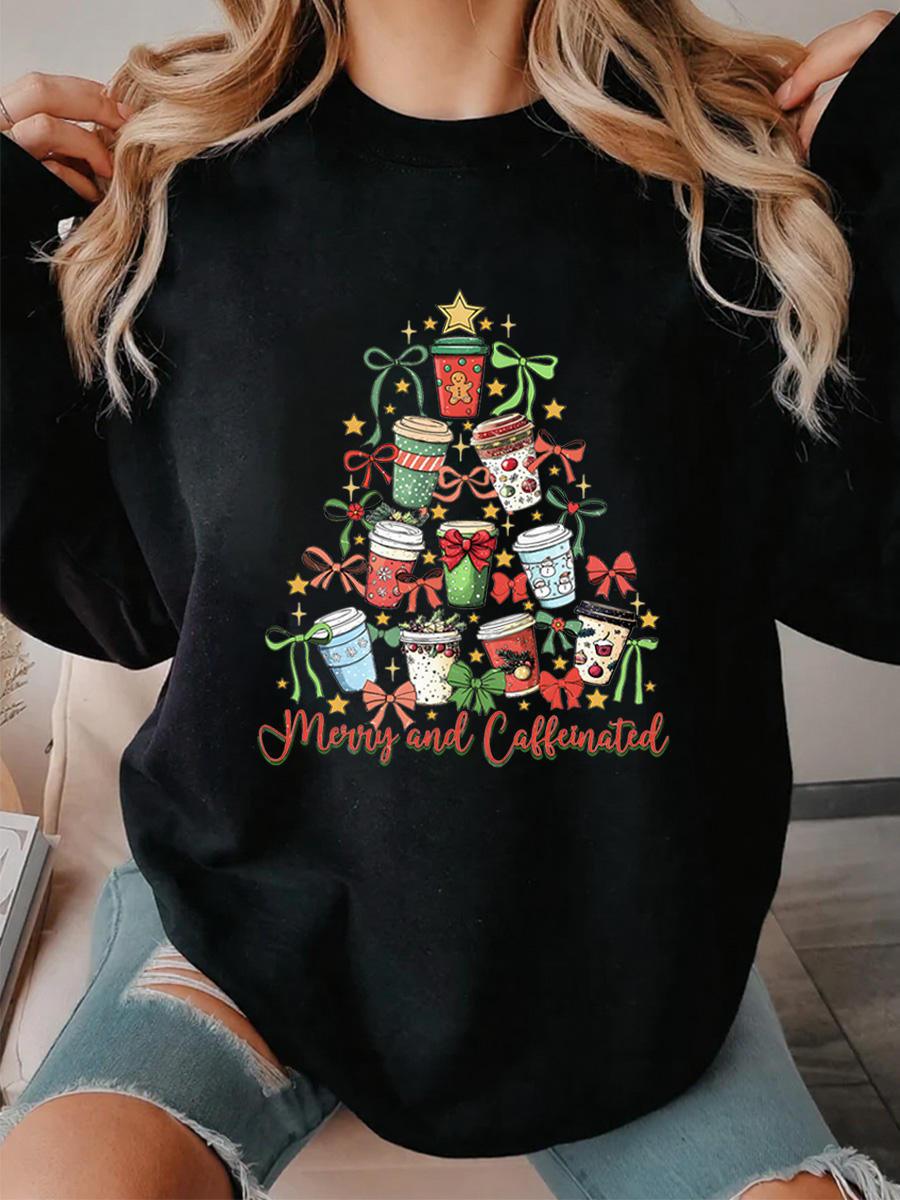 Vintage Merry And Caffeinated Christmas Tree Oversize Graphic Sweatshirt
