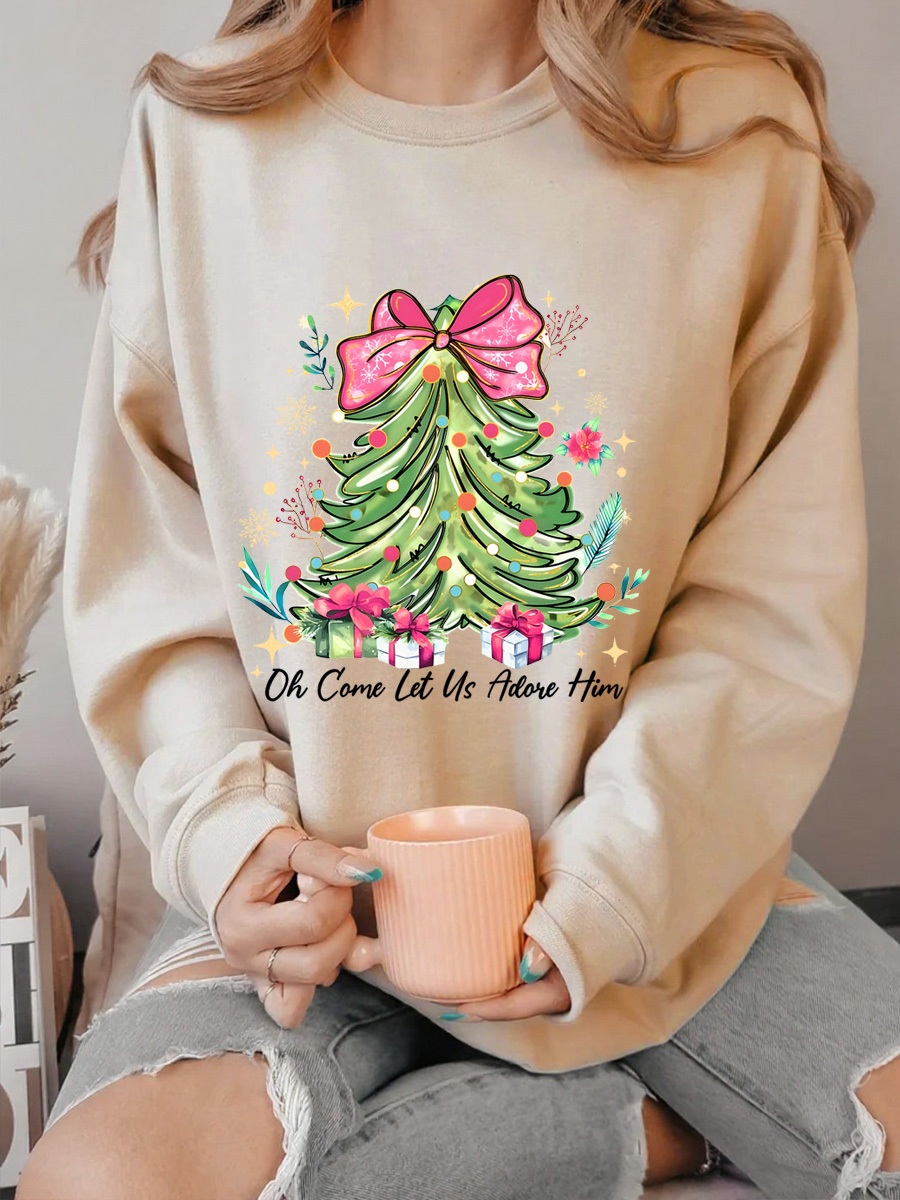 Vintage Oh Come Let Us Adore Him Christmas Tree Oversize Graphic Sweatshirt