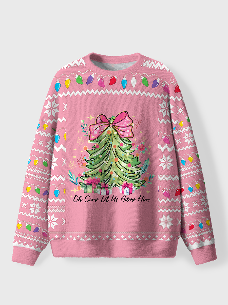 Vintage Oh Come Let Us Adore Him Christmas Tree Oversize Graphic Tee Ugly Sweater