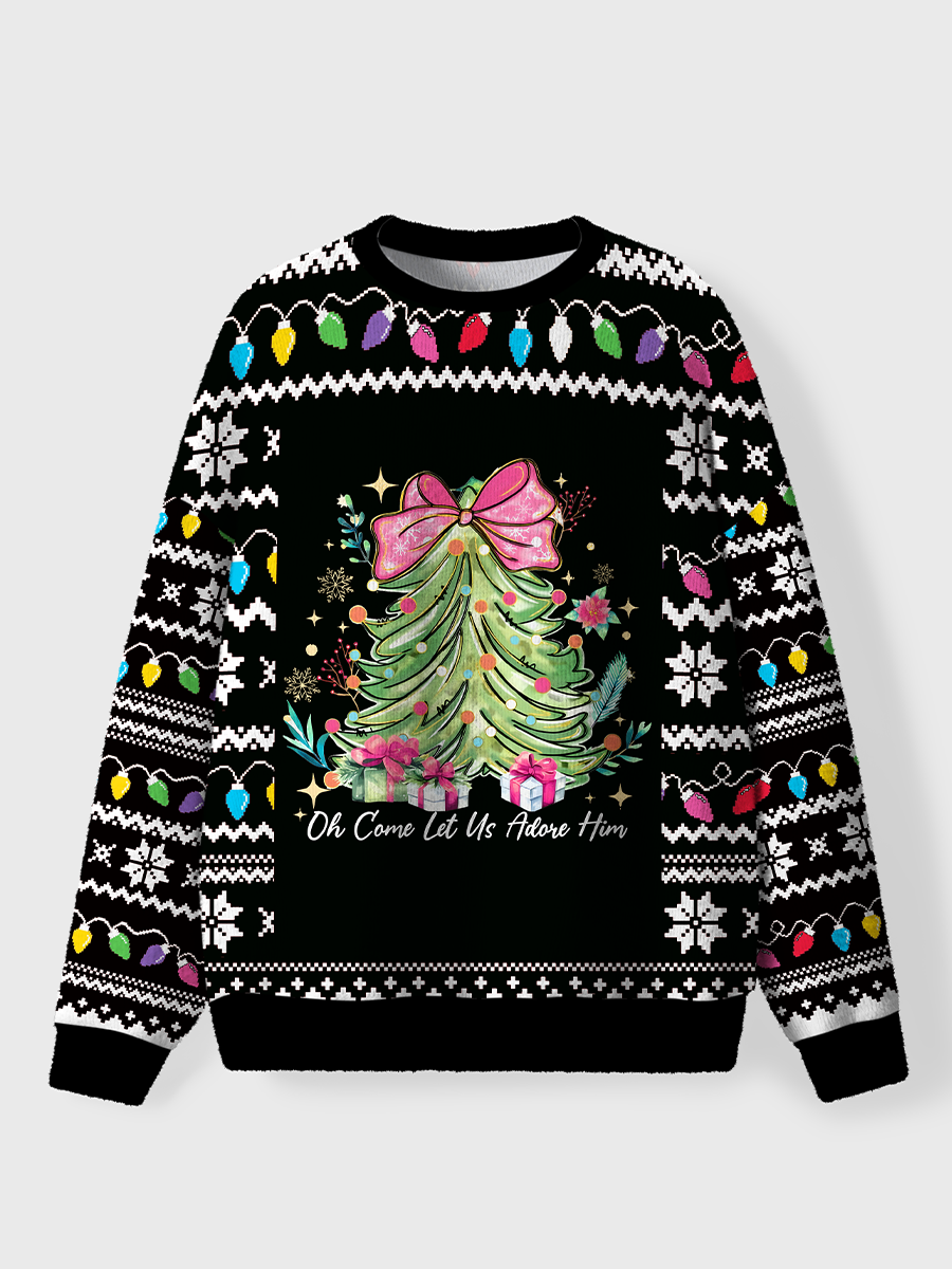 Vintage Oh Come Let Us Adore Him Christmas Tree Oversize Graphic Tee Ugly Sweater