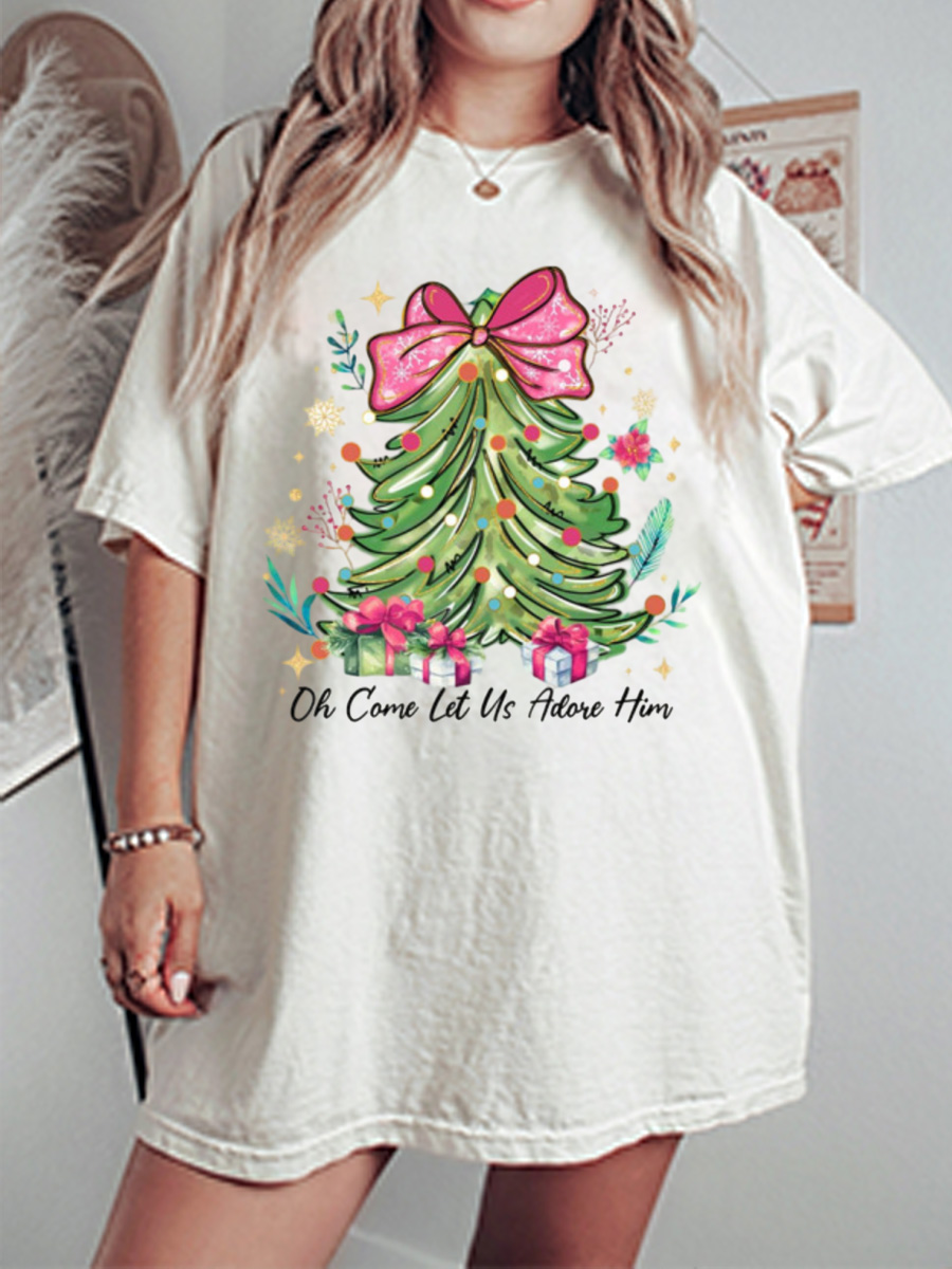 Vintage Oh Come Let Us Adore Him Christmas Tree Oversize Graphic Tee