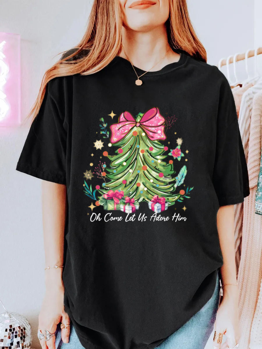 Vintage Oh Come Let Us Adore Him Christmas Tree Oversize Graphic Tee