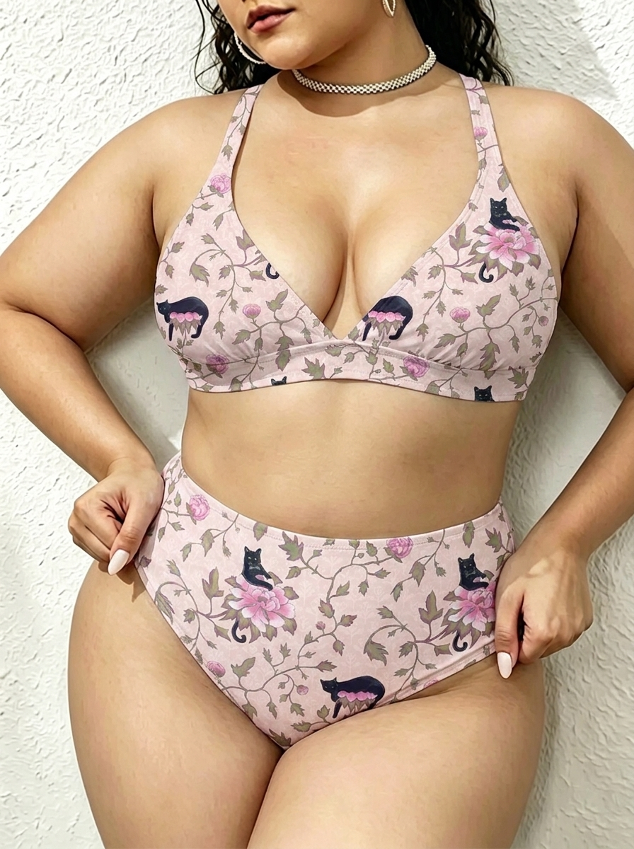 Vintage Black Cat Bloom Two Piece Ruffled Tankini Swimsuit