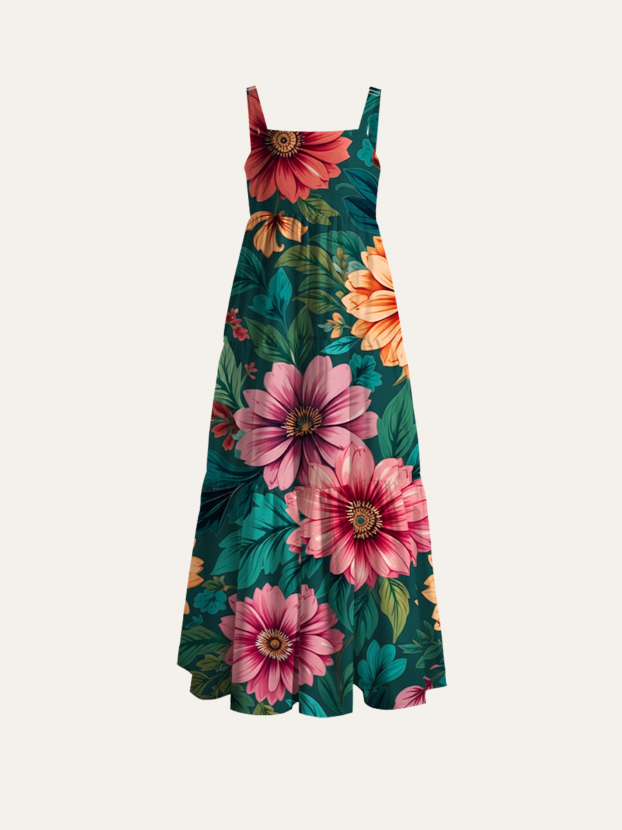 Jewel Tone Garden Flower Adjustable Wide Straps Maxi Dress