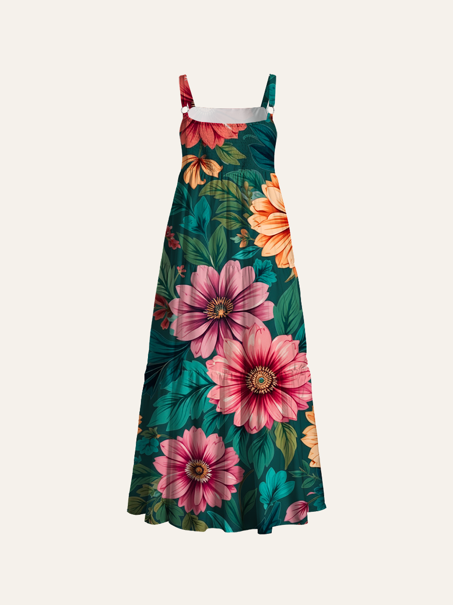 Jewel Tone Garden Flower Adjustable Wide Straps Maxi Dress