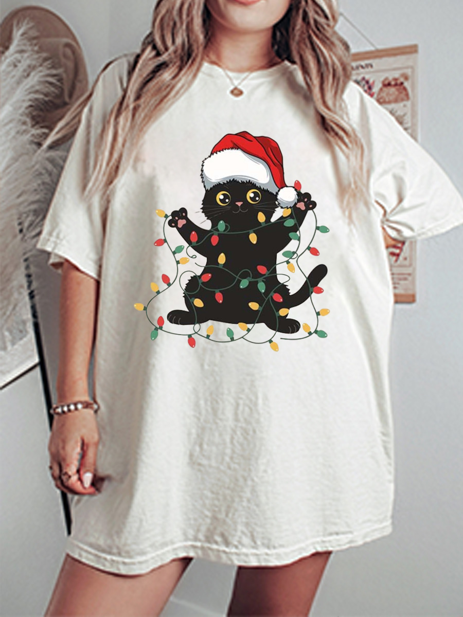 Vintage Cute Cat Christmas Lover Oversize Graphic Tee