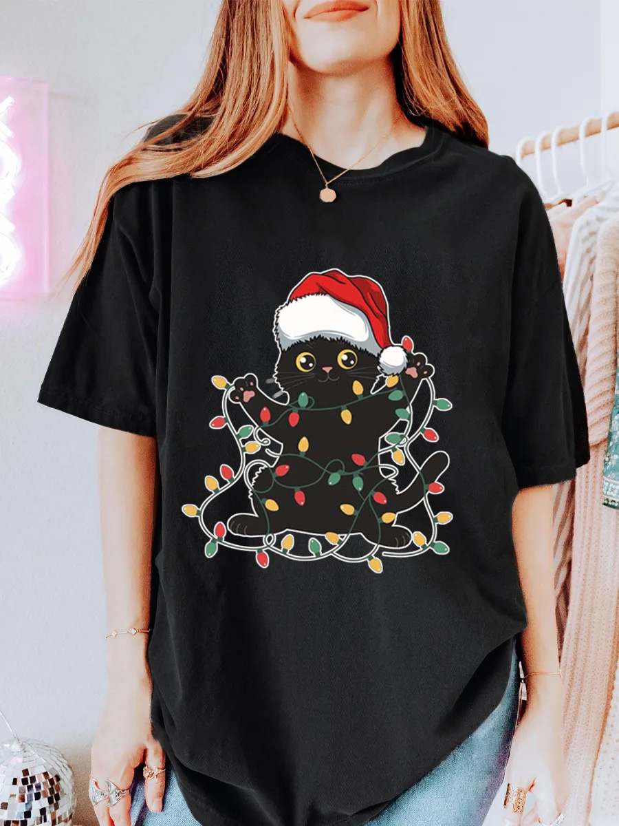 Vintage Cute Cat Christmas Lover Oversize Graphic Tee
