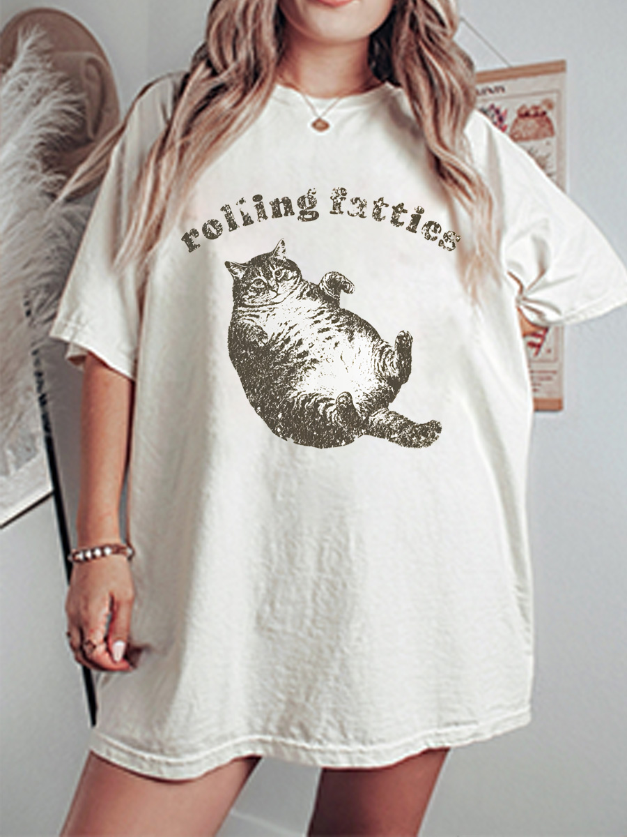 Vintage Rolling Fatties Funny Cat Oversize Graphic Tee