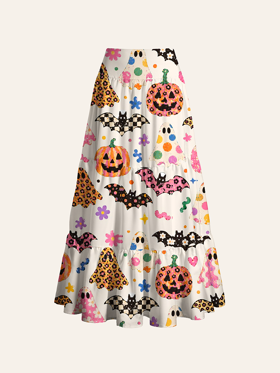 Retro Boho Doodle Ghost Pumpkin Bat Halloween Cabinet Convertible Maxi Skirts